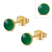 14K Gold Plated | Green Agate Round Sterling Silver Stud Earrings, e440st
